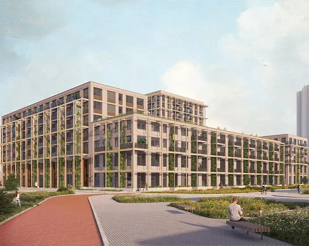 Architectuurvisualisatie van het nieuwbouwproject Het Kralenhof in Amsterdam.